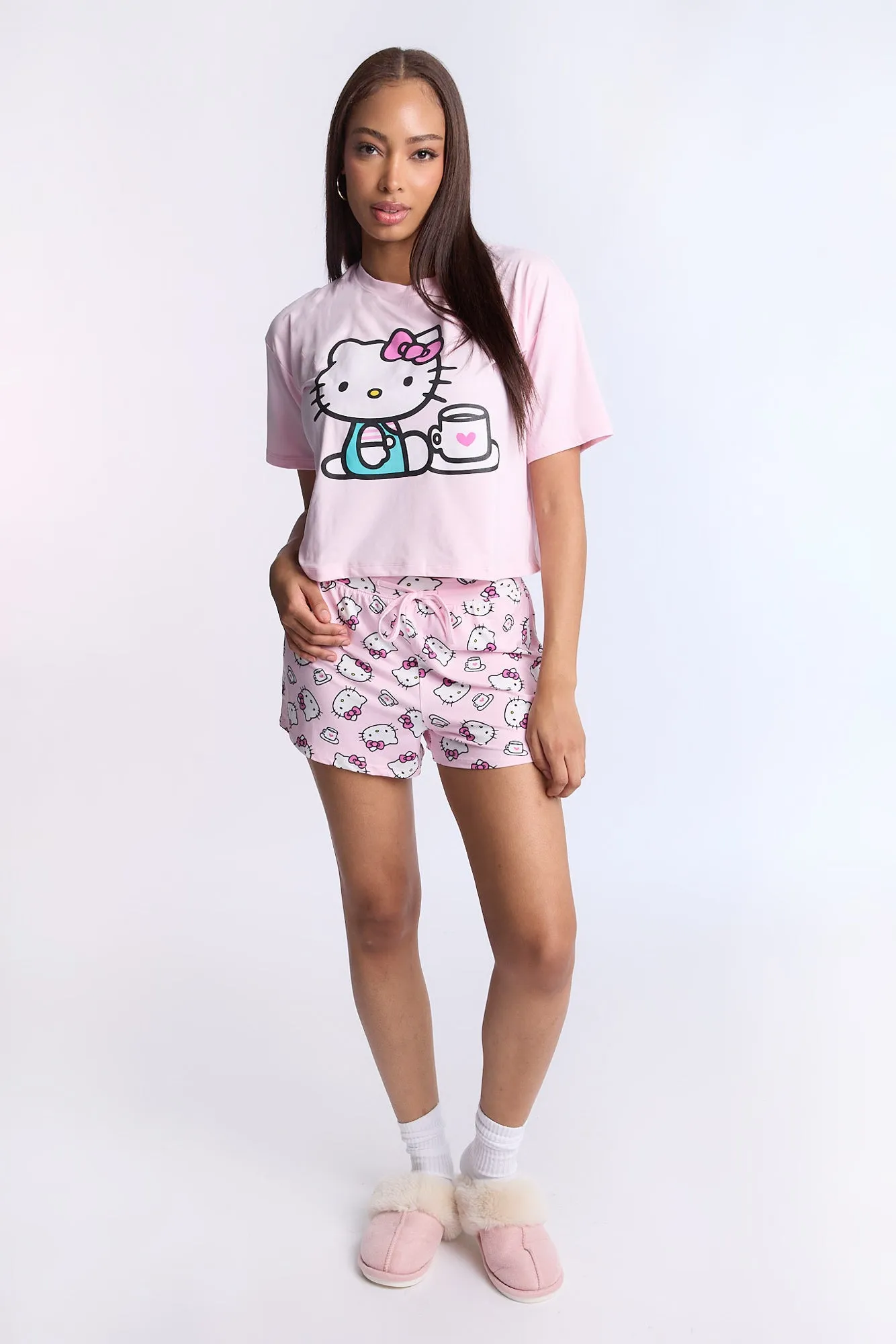 Hello Kittty Coffee Super Soft Pajama Tee And Shorts 2-Piece Set