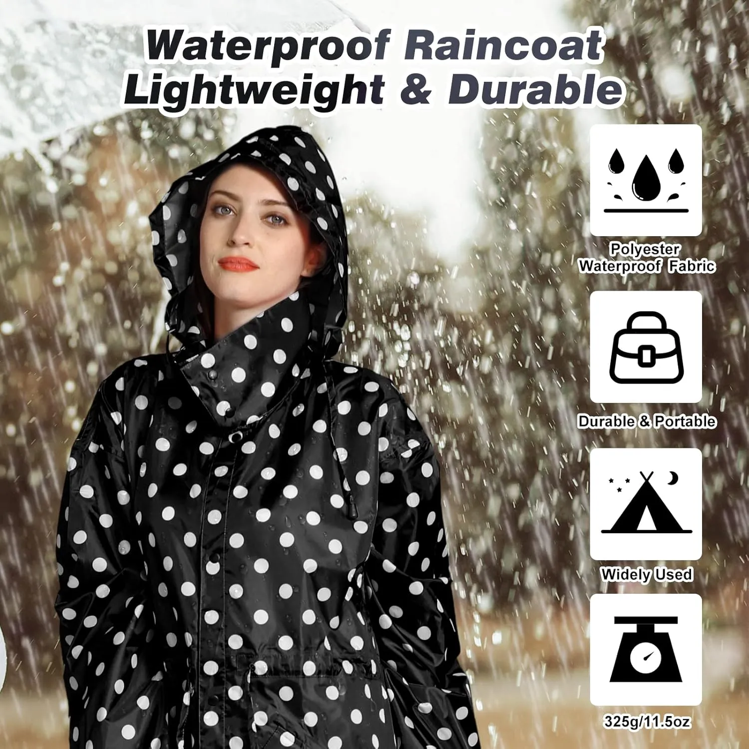 LAMA Womens Long Raincoats Rain Jacket Waterproof Packable Hooded Windbreaker Lightweight Adjustable Waist for Outdoor