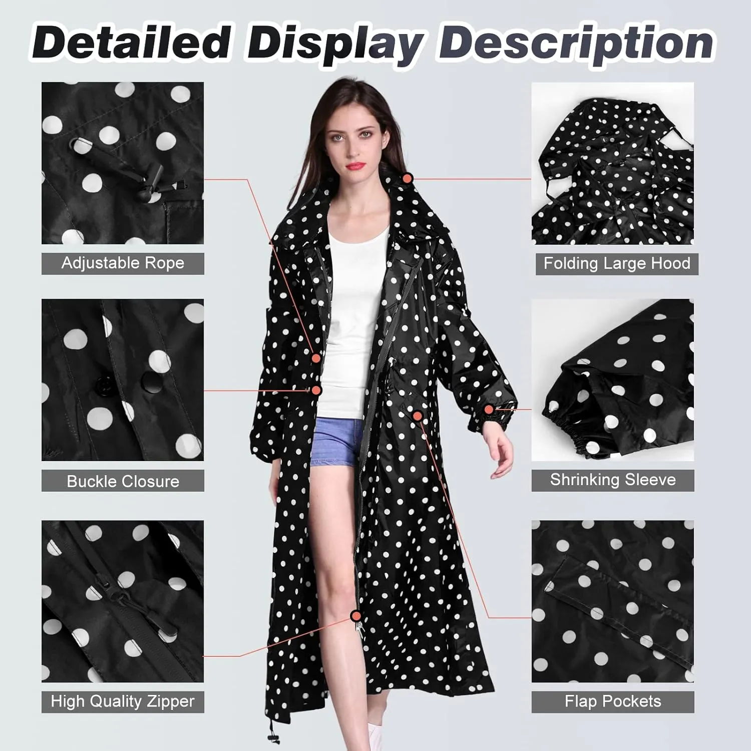 LAMA Womens Long Raincoats Rain Jacket Waterproof Packable Hooded Windbreaker Lightweight Adjustable Waist for Outdoor