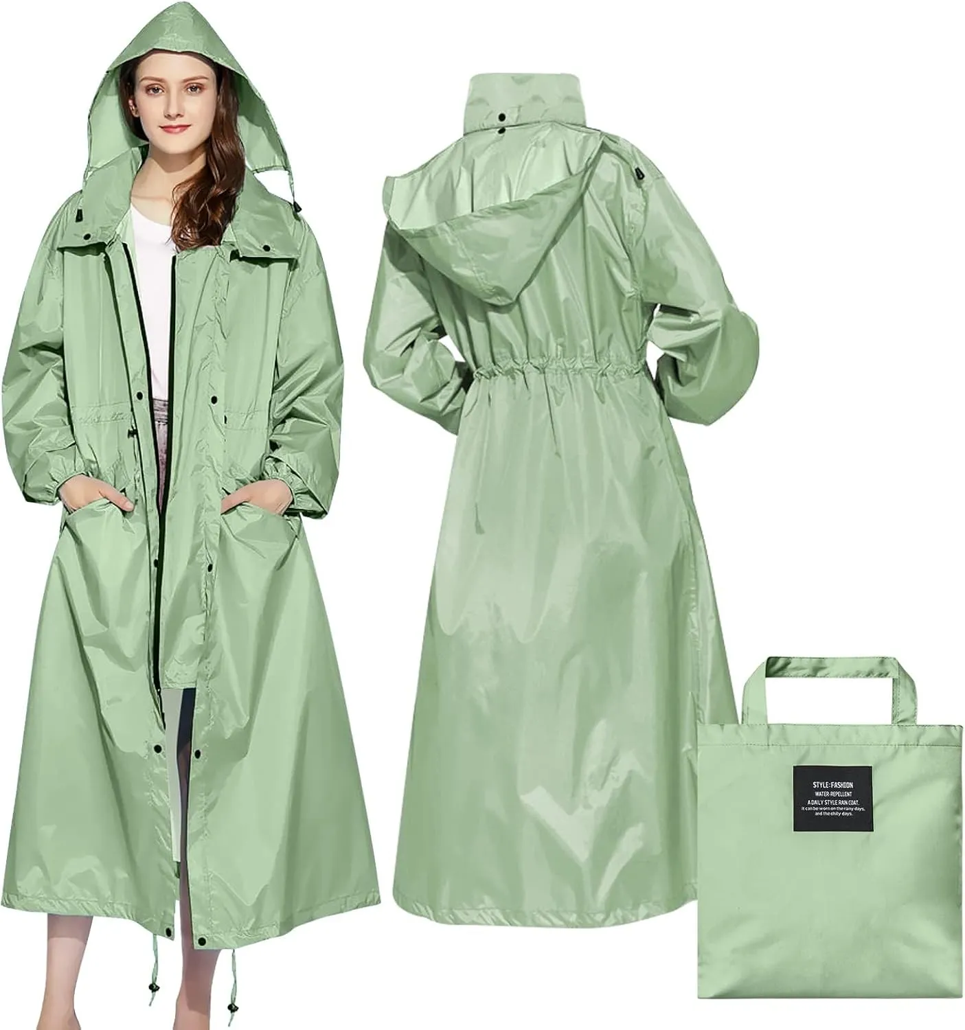 LAMA Womens Long Raincoats Rain Jacket Waterproof Packable Hooded Windbreaker Lightweight Adjustable Waist for Outdoor
