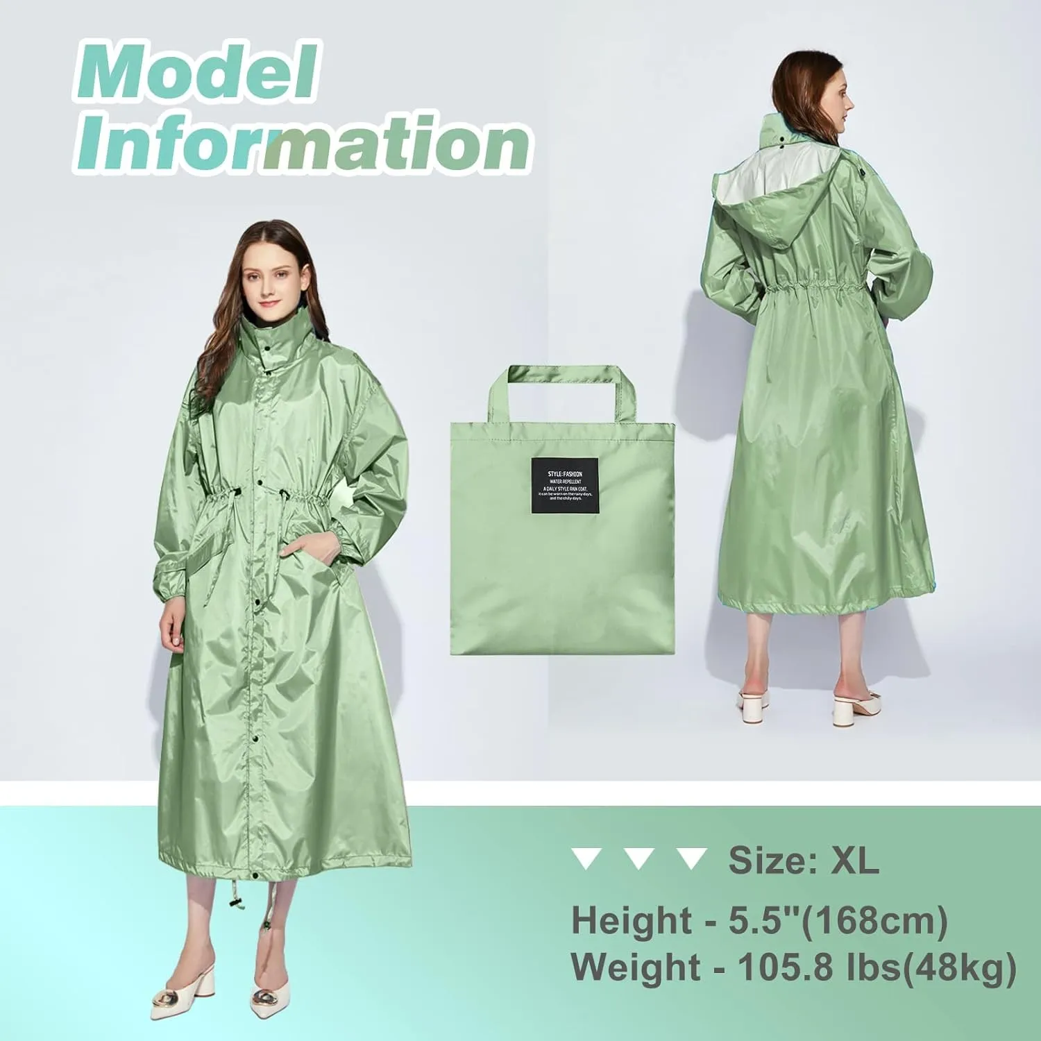 LAMA Womens Long Raincoats Rain Jacket Waterproof Packable Hooded Windbreaker Lightweight Adjustable Waist for Outdoor