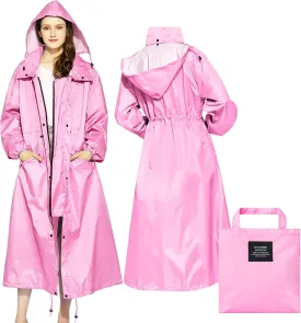 LAMA Womens Long Raincoats Rain Jacket Waterproof Packable Hooded Windbreaker Lightweight Adjustable Waist for Outdoor