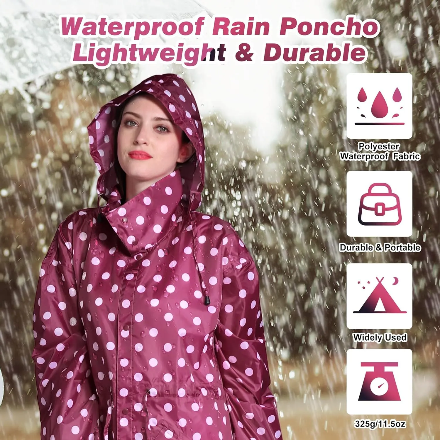 LAMA Womens Long Raincoats Rain Jacket Waterproof Packable Hooded Windbreaker Lightweight Adjustable Waist for Outdoor