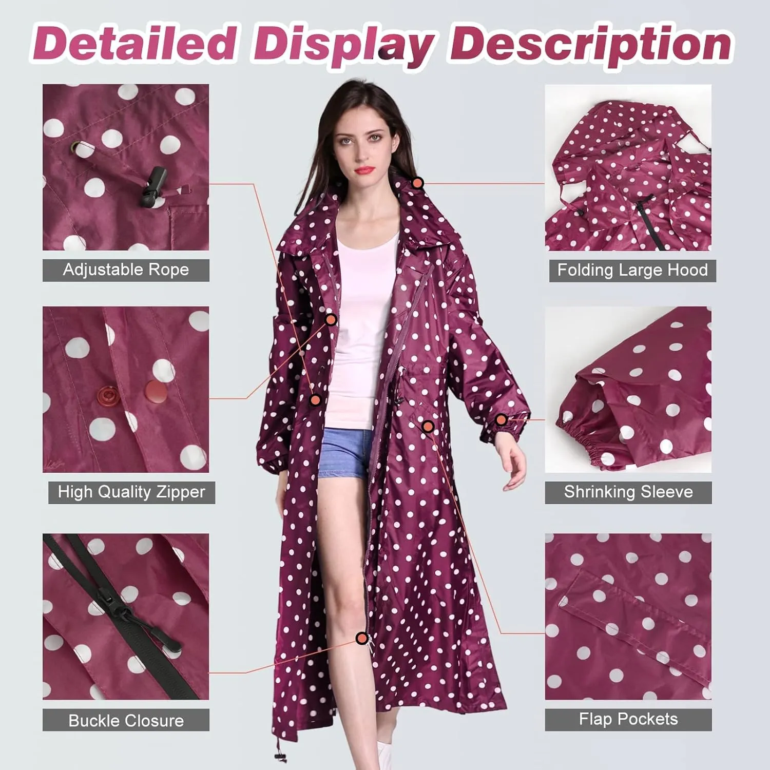 LAMA Womens Long Raincoats Rain Jacket Waterproof Packable Hooded Windbreaker Lightweight Adjustable Waist for Outdoor