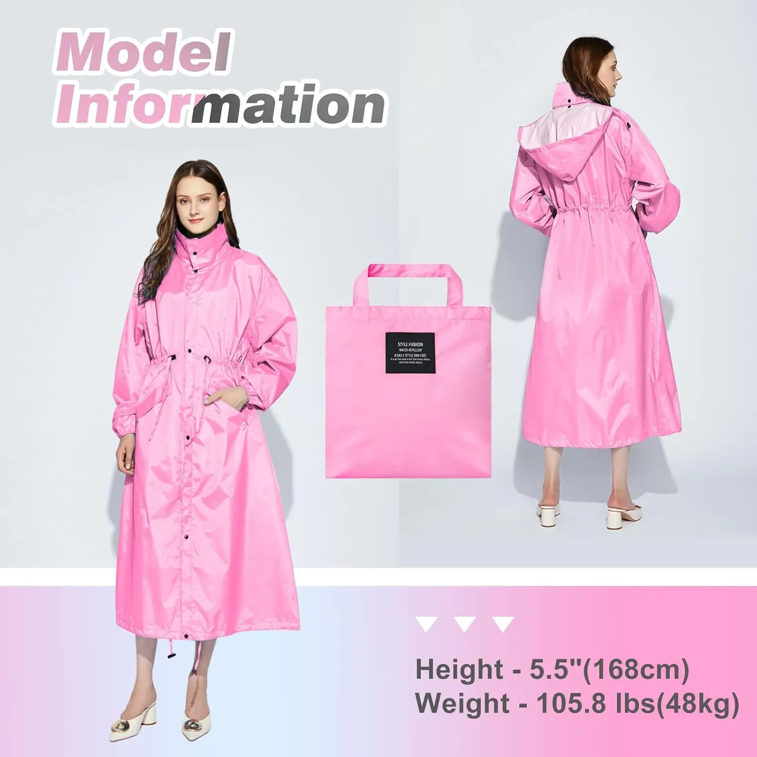 LAMA Womens Long Raincoats Rain Jacket Waterproof Packable Hooded Windbreaker Lightweight Adjustable Waist for Outdoor