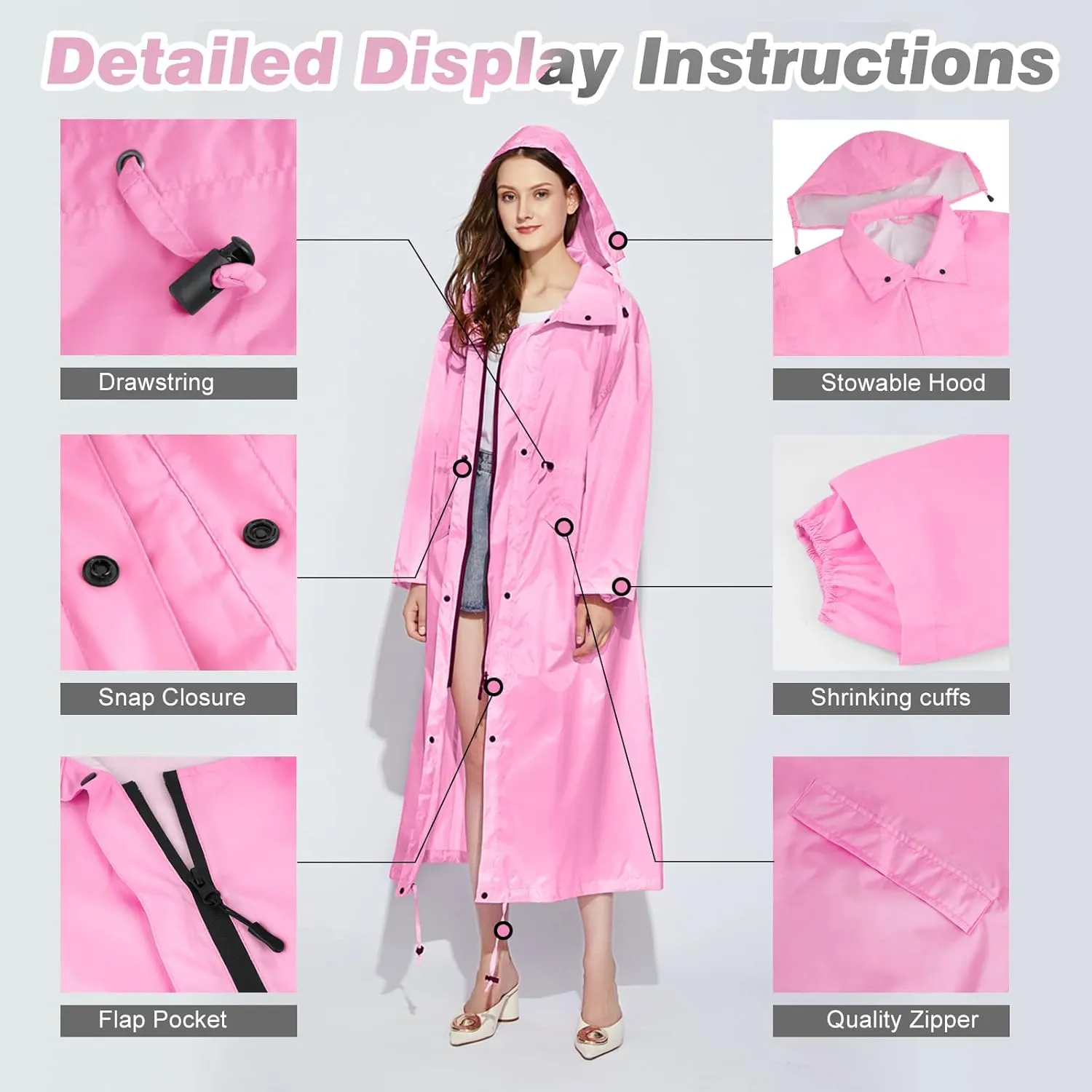 LAMA Womens Long Raincoats Rain Jacket Waterproof Packable Hooded Windbreaker Lightweight Adjustable Waist for Outdoor