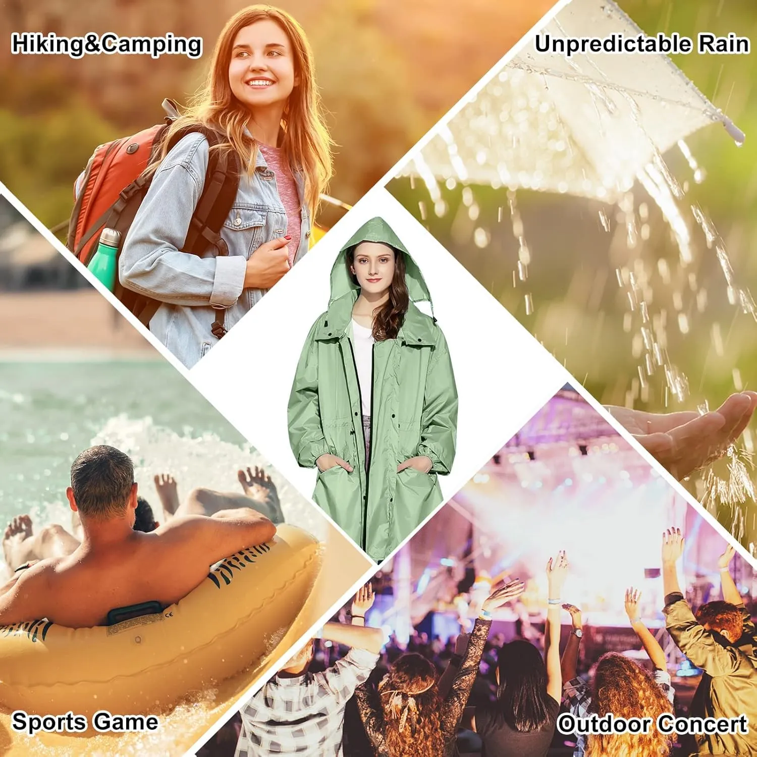 LAMA Womens Long Raincoats Rain Jacket Waterproof Packable Hooded Windbreaker Lightweight Adjustable Waist for Outdoor