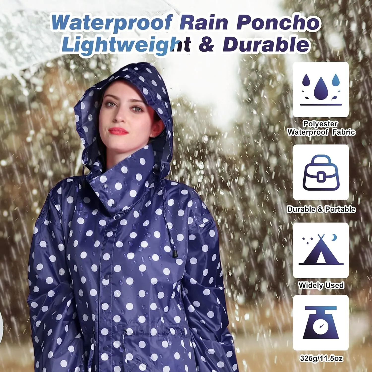 LAMA Womens Long Raincoats Rain Jacket Waterproof Packable Hooded Windbreaker Lightweight Adjustable Waist for Outdoor