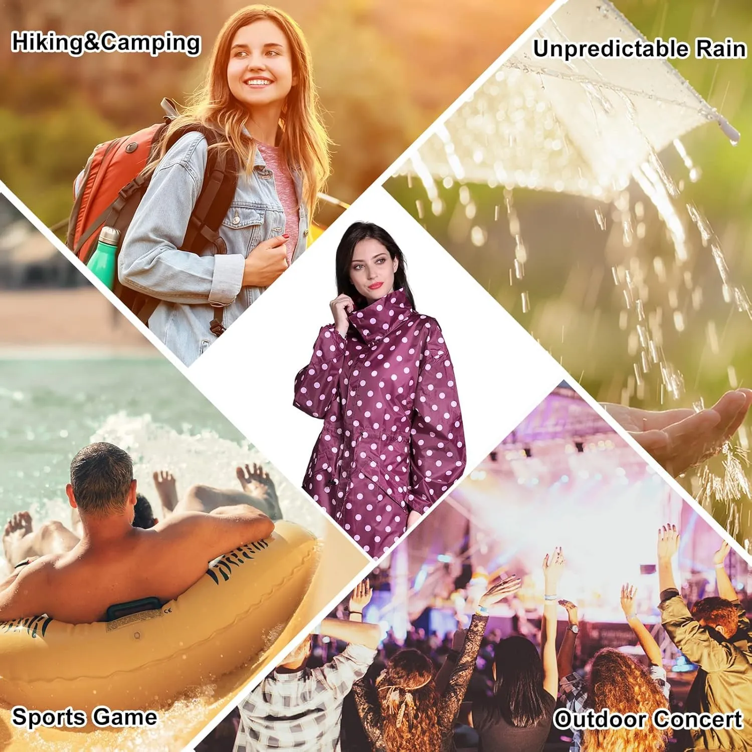 LAMA Womens Long Raincoats Rain Jacket Waterproof Packable Hooded Windbreaker Lightweight Adjustable Waist for Outdoor