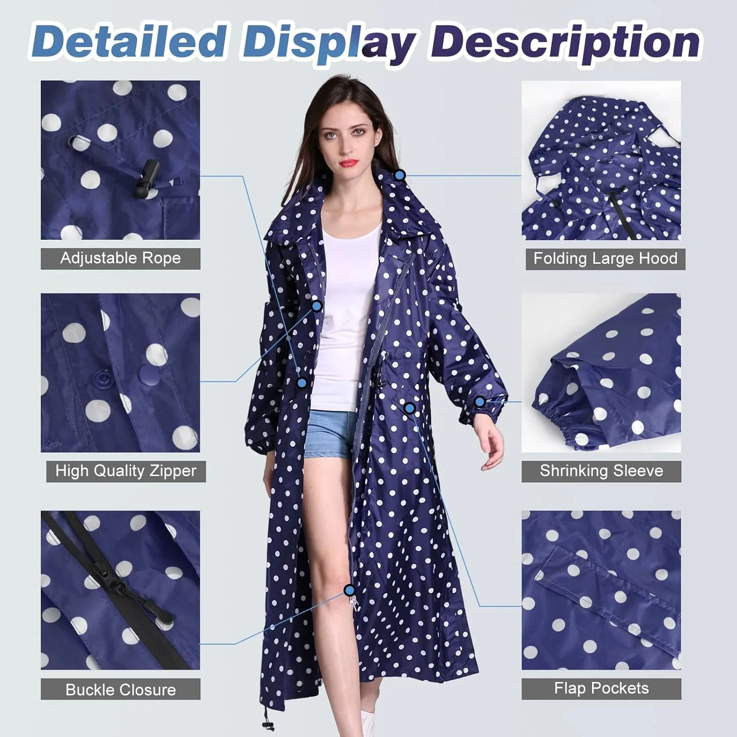 LAMA Womens Long Raincoats Rain Jacket Waterproof Packable Hooded Windbreaker Lightweight Adjustable Waist for Outdoor