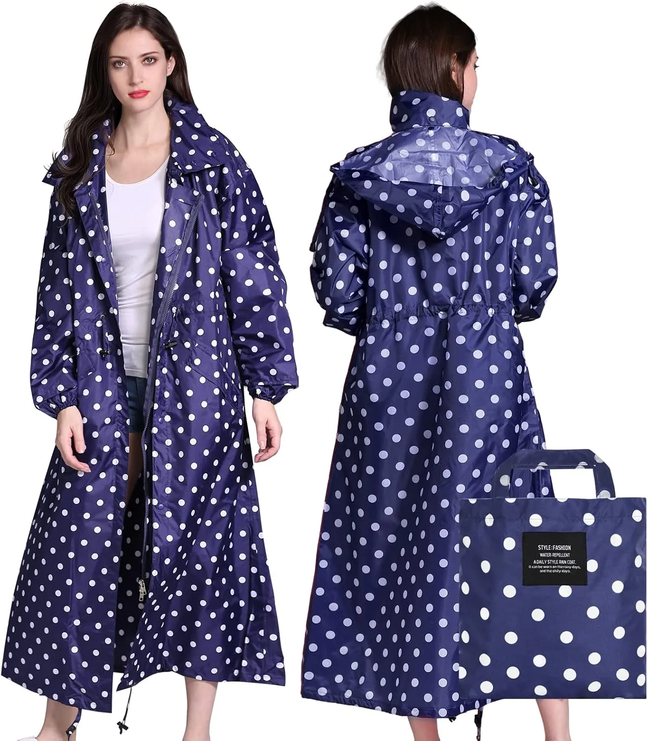 LAMA Womens Long Raincoats Rain Jacket Waterproof Packable Hooded Windbreaker Lightweight Adjustable Waist for Outdoor