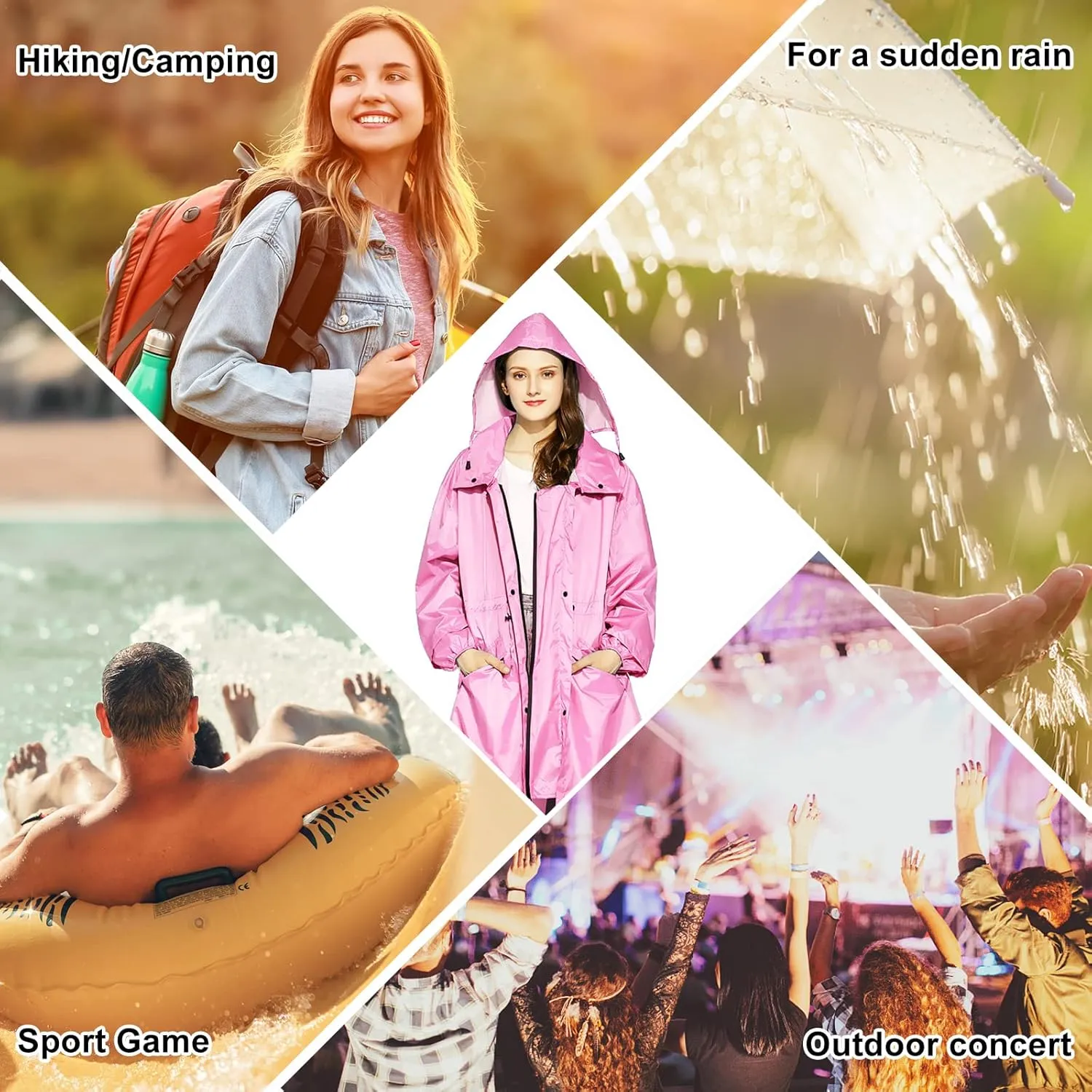 LAMA Womens Long Raincoats Rain Jacket Waterproof Packable Hooded Windbreaker Lightweight Adjustable Waist for Outdoor
