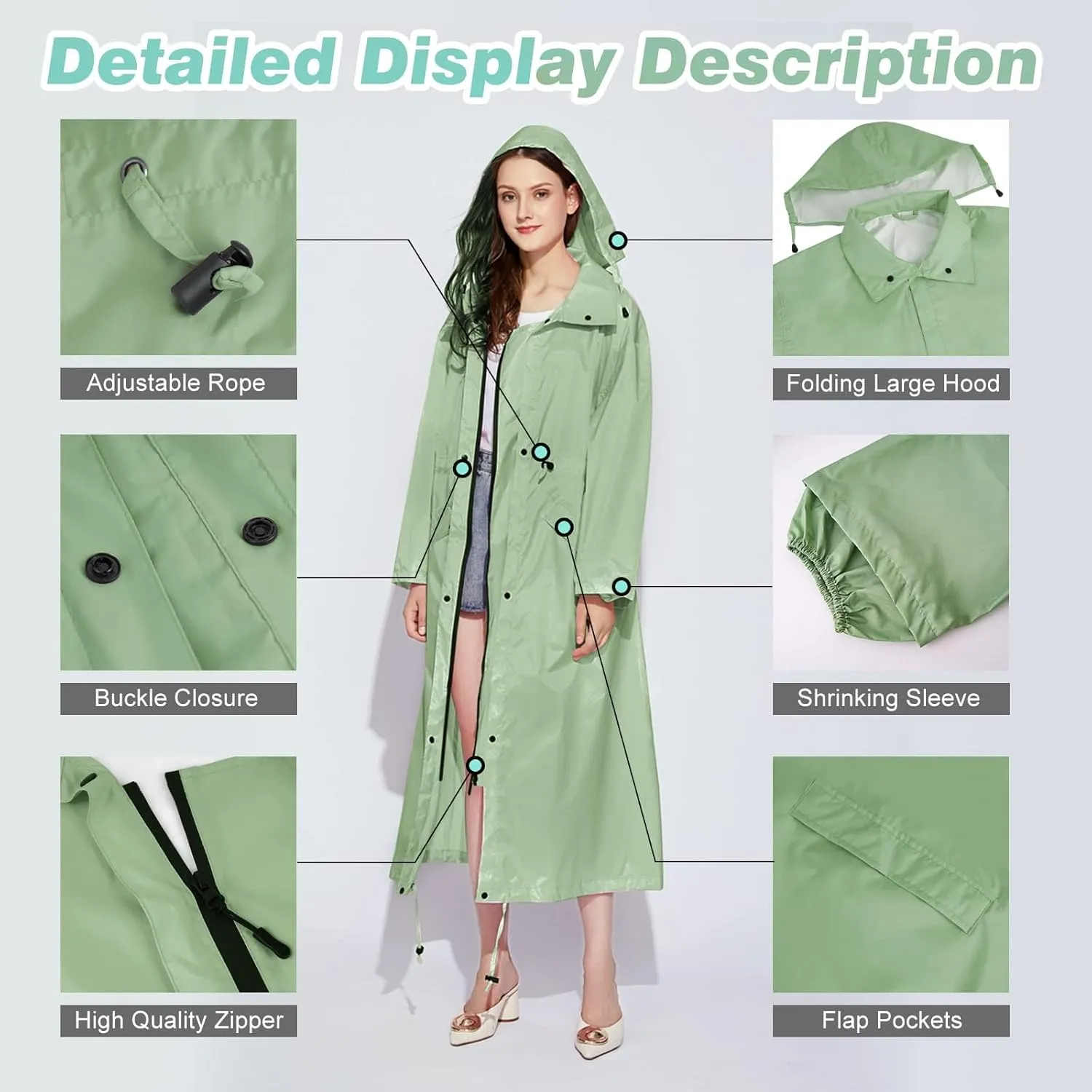 LAMA Womens Long Raincoats Rain Jacket Waterproof Packable Hooded Windbreaker Lightweight Adjustable Waist for Outdoor