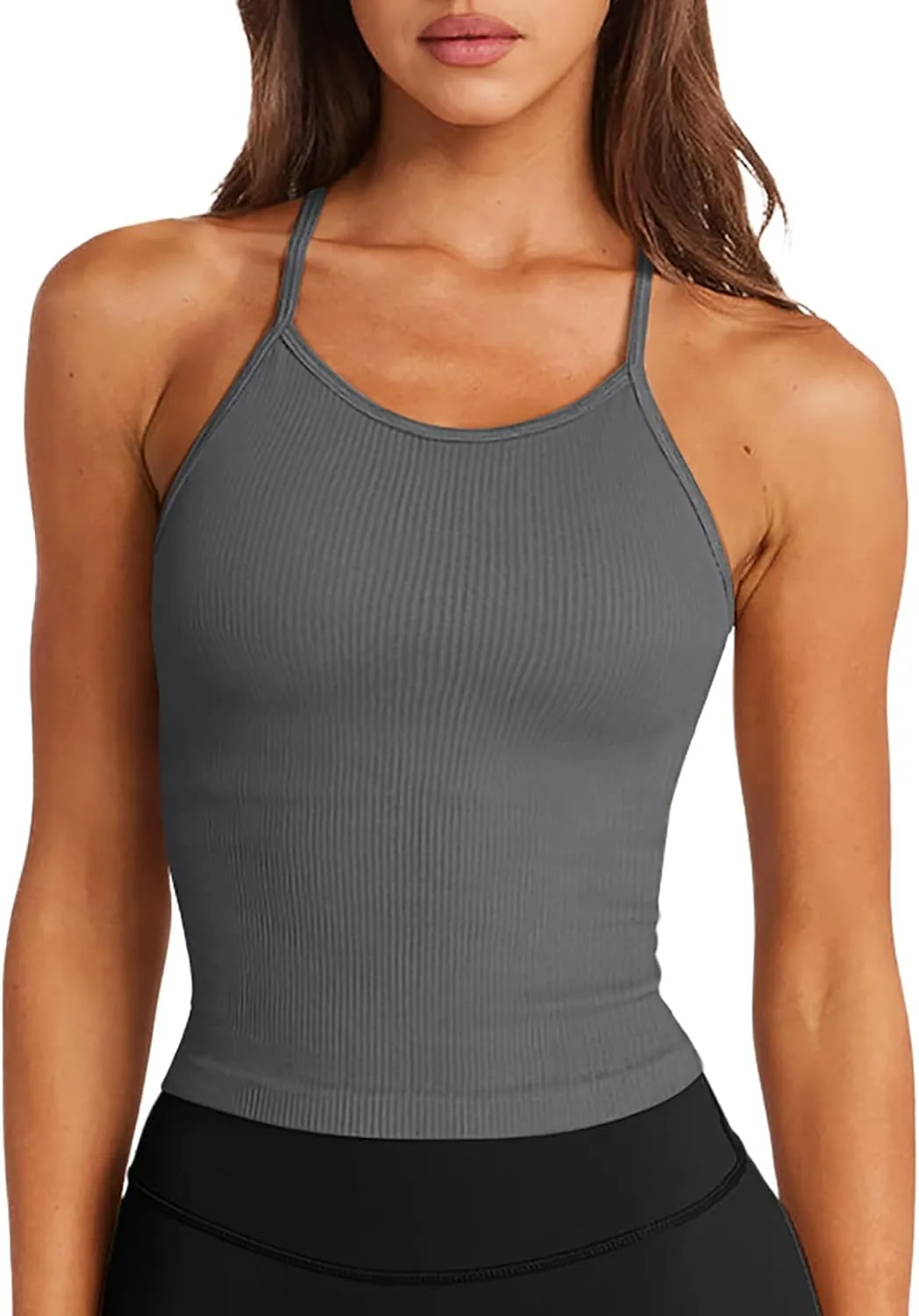 LASLULU Womens Sports Bra Seamless Long Crop Tank Racer Back Spaghetti Strap Workout Yoga Bra Padded Halter Neck Casual Tops