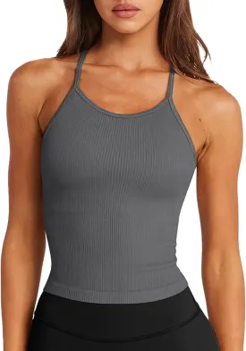 LASLULU Womens Sports Bra Seamless Long Crop Tank Racer Back Spaghetti Strap Workout Yoga Bra Padded Halter Neck Casual Tops