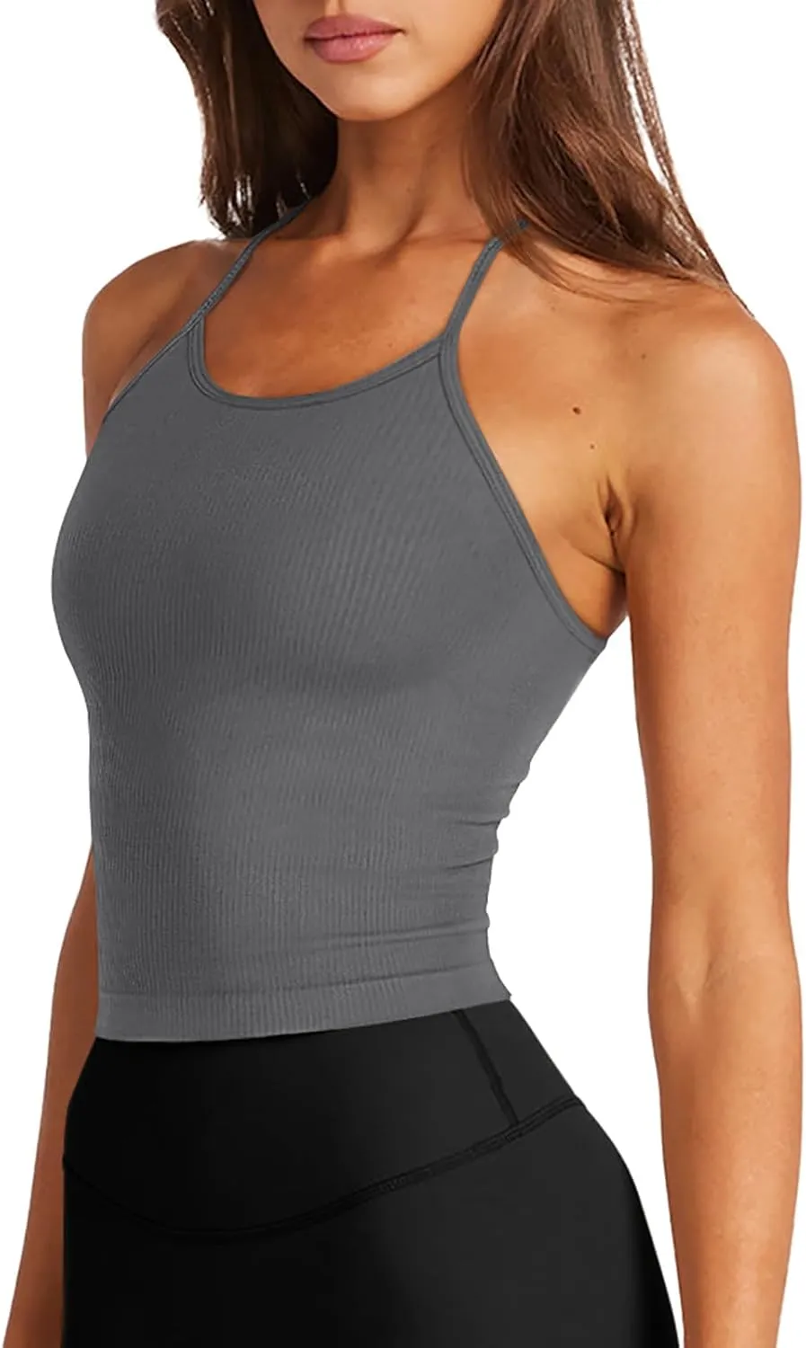 LASLULU Womens Sports Bra Seamless Long Crop Tank Racer Back Spaghetti Strap Workout Yoga Bra Padded Halter Neck Casual Tops