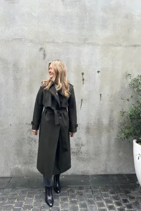 Long Trench Coat Pressed Wool Dark Khaki