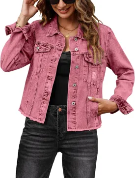 luvamia Denim Jacket for Women Distressed Jean Jackets Button Up Vintage Western Trucker Jacket Frayed Hem Pockets