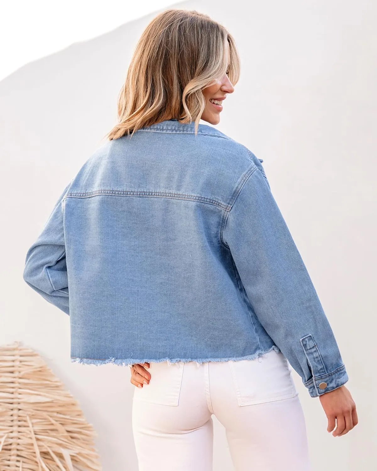 luvamia Jean Jacket Women Trendy Oversized Denim Jacket Raw Hem Long Sleeves Fashion Casual Jackets Shacket with Pockets