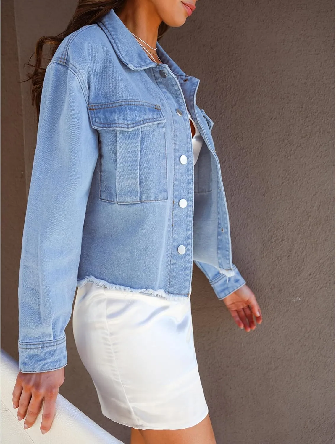 luvamia Jean Jacket Women Trendy Oversized Denim Jacket Raw Hem Long Sleeves Fashion Casual Jackets Shacket with Pockets