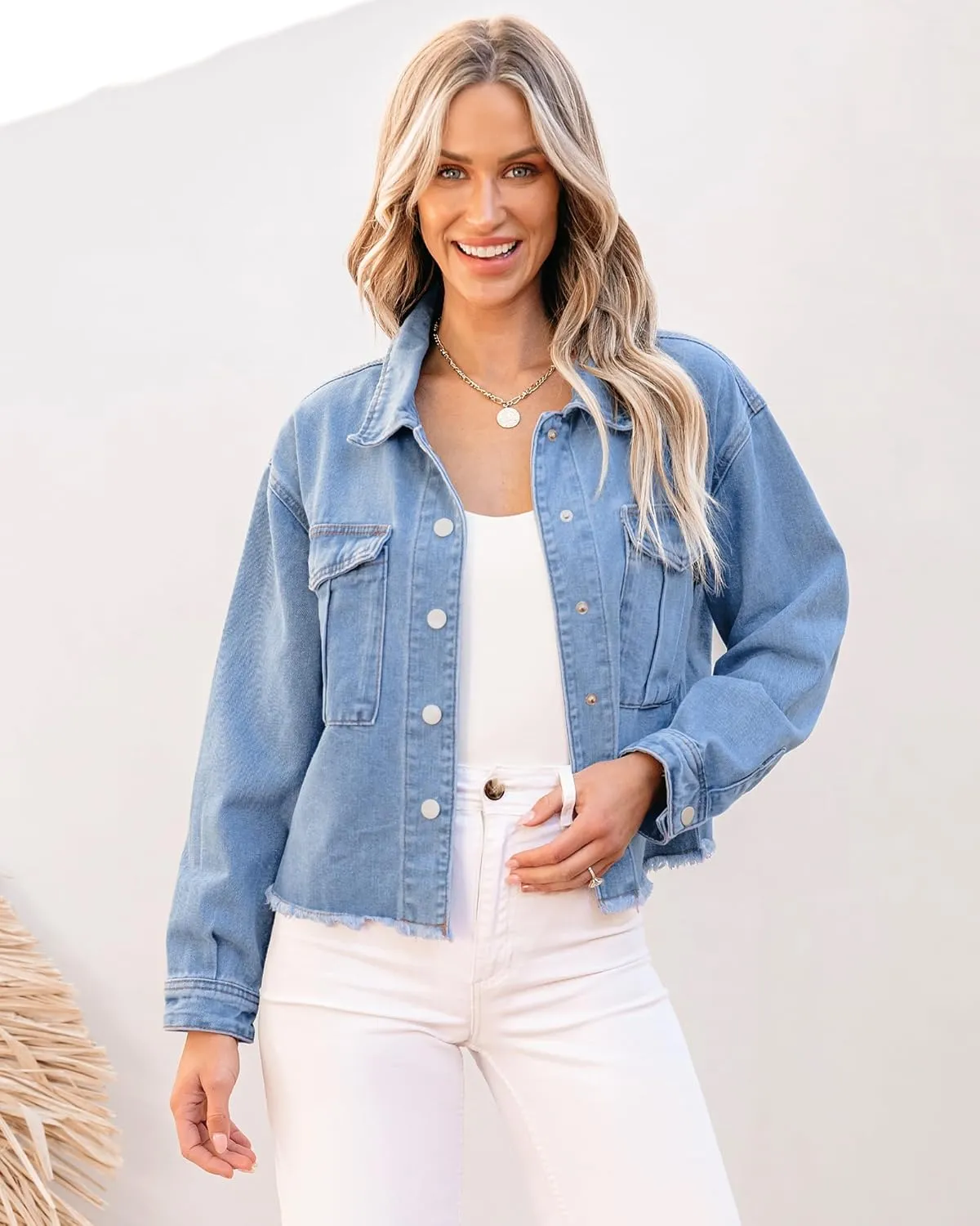 luvamia Jean Jacket Women Trendy Oversized Denim Jacket Raw Hem Long Sleeves Fashion Casual Jackets Shacket with Pockets