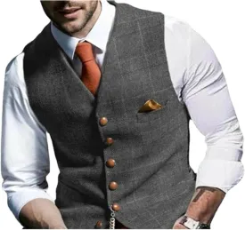 Maiyifu-GJ Men's Tweed Plaid Business Suit Vest Casual Tailored Collar Wool Waistcoat Twill Formal Dress Wedding Tuxedo Vest