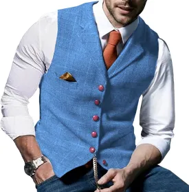Maiyifu-GJ Men's Tweed Plaid Business Suit Vest Casual Tailored Collar Wool Waistcoat Twill Formal Dress Wedding Tuxedo Vest