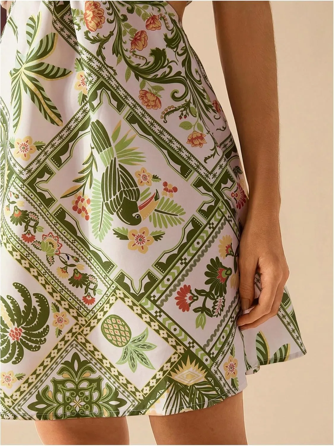 MakeMeChic Women's Tropical Print Mini Dress Sundress Halter Tie Backless Cut Out Shirred Summer Dresses