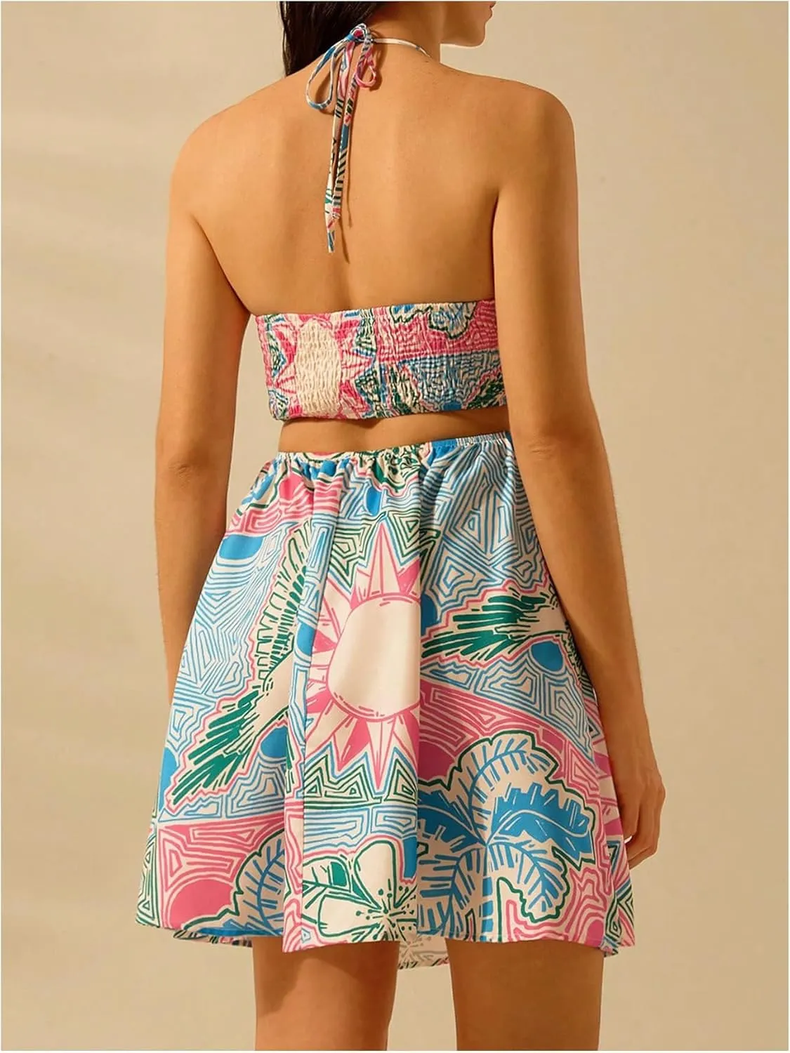 MakeMeChic Women's Tropical Print Mini Dress Sundress Halter Tie Backless Cut Out Shirred Summer Dresses