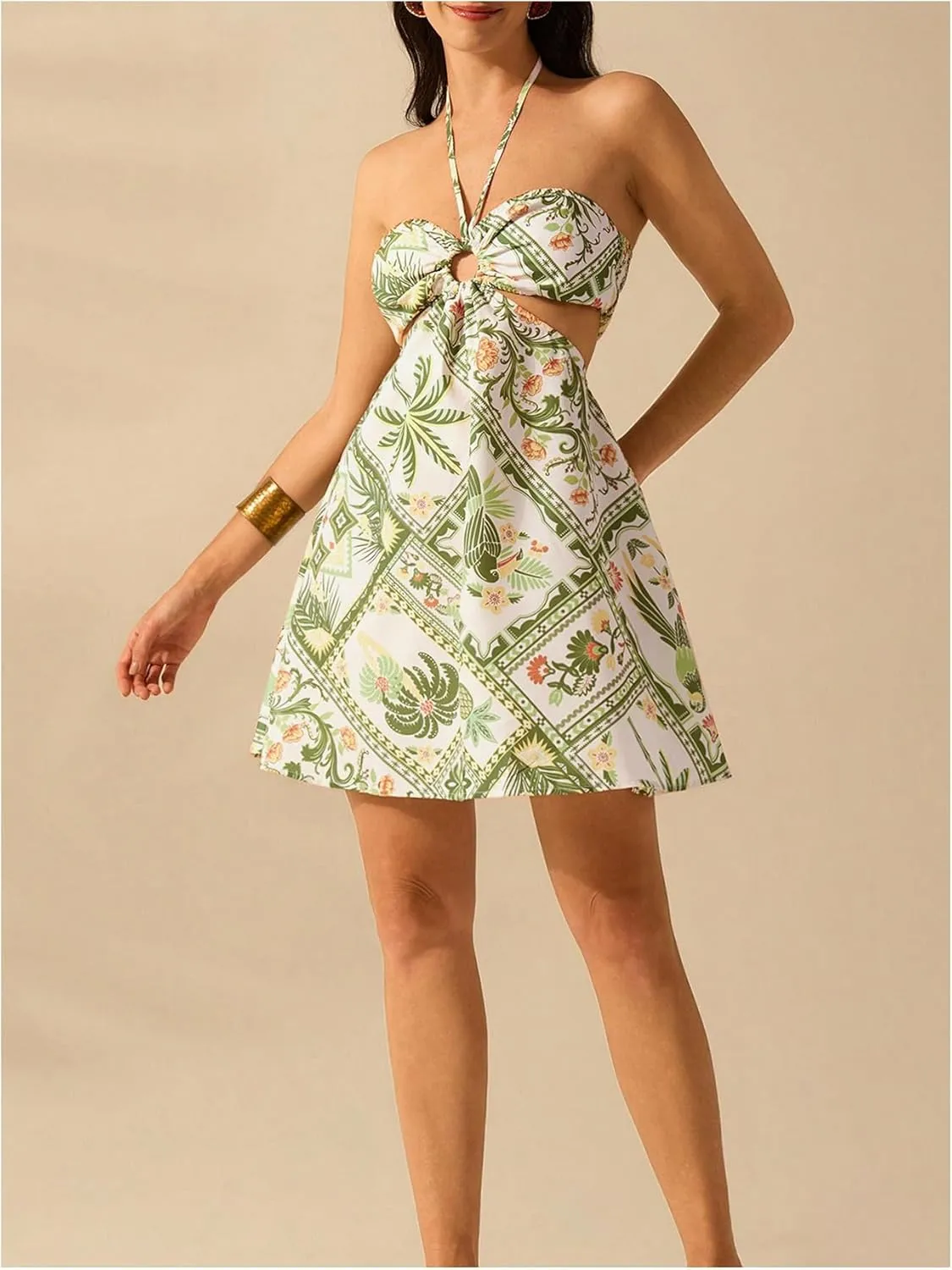 MakeMeChic Women's Tropical Print Mini Dress Sundress Halter Tie Backless Cut Out Shirred Summer Dresses