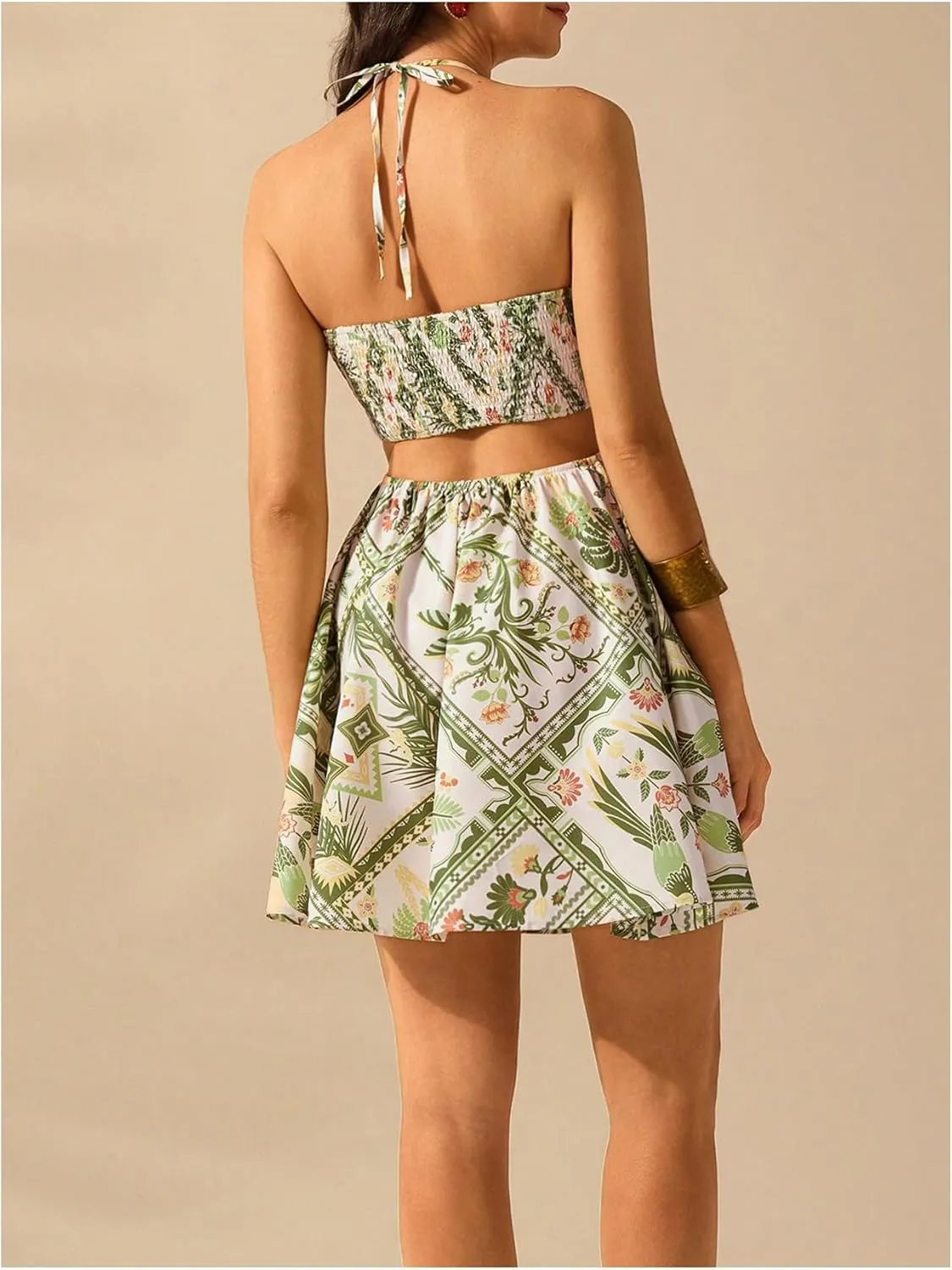 MakeMeChic Women's Tropical Print Mini Dress Sundress Halter Tie Backless Cut Out Shirred Summer Dresses