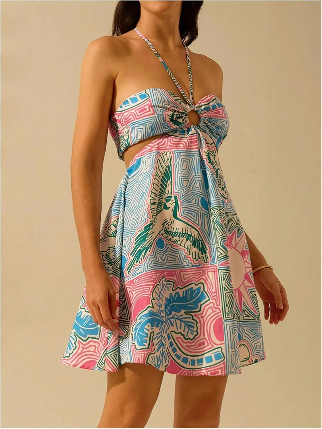 MakeMeChic Women's Tropical Print Mini Dress Sundress Halter Tie Backless Cut Out Shirred Summer Dresses