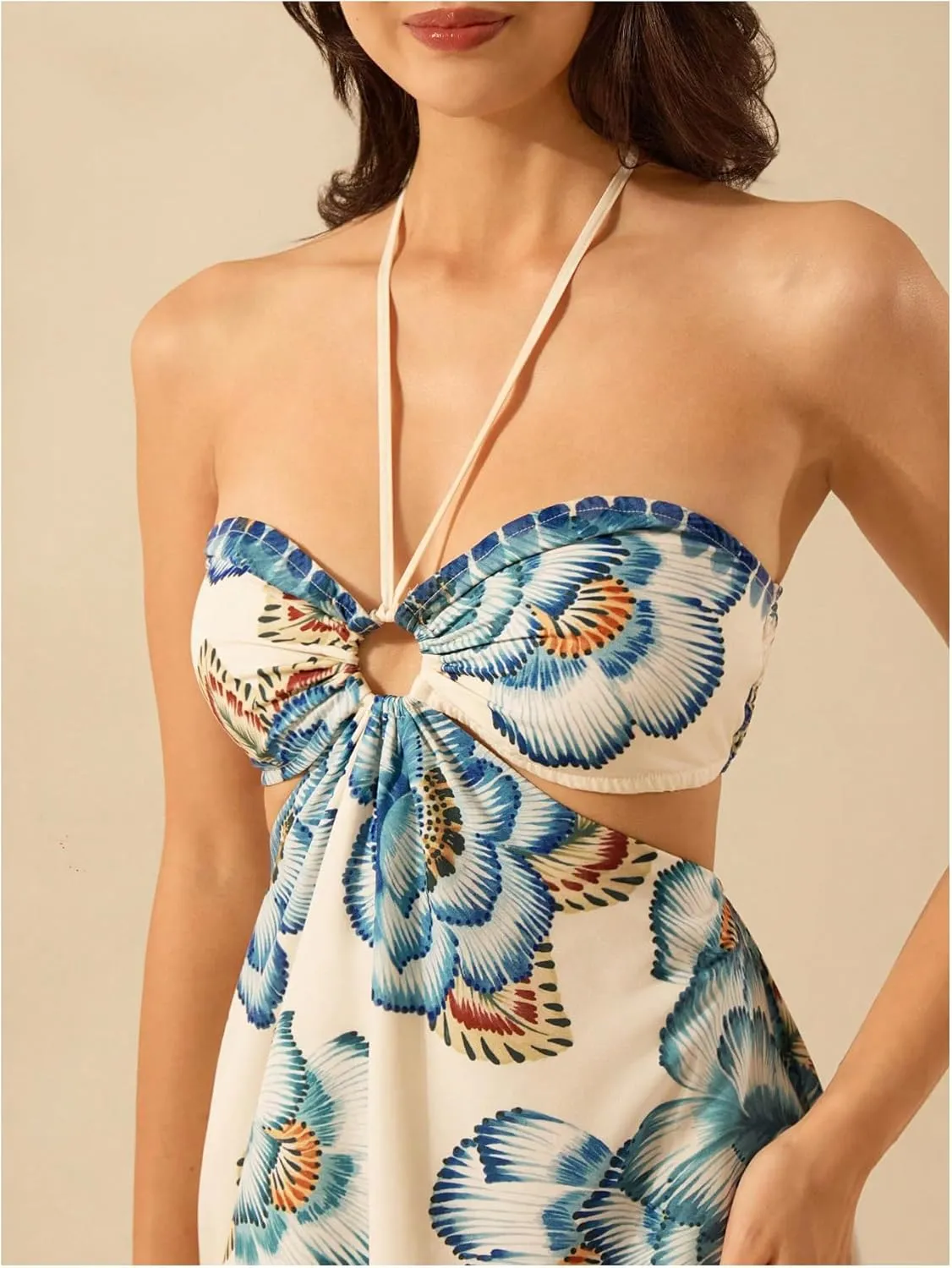 MakeMeChic Women's Tropical Print Mini Dress Sundress Halter Tie Backless Cut Out Shirred Summer Dresses