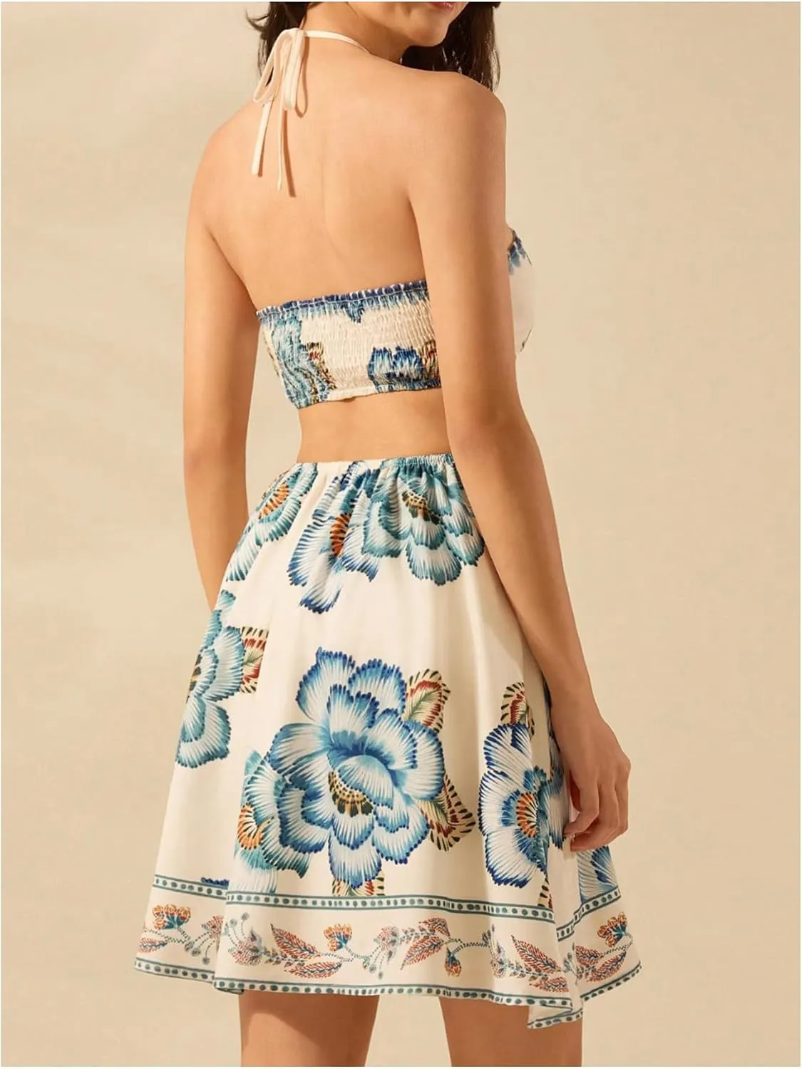 MakeMeChic Women's Tropical Print Mini Dress Sundress Halter Tie Backless Cut Out Shirred Summer Dresses