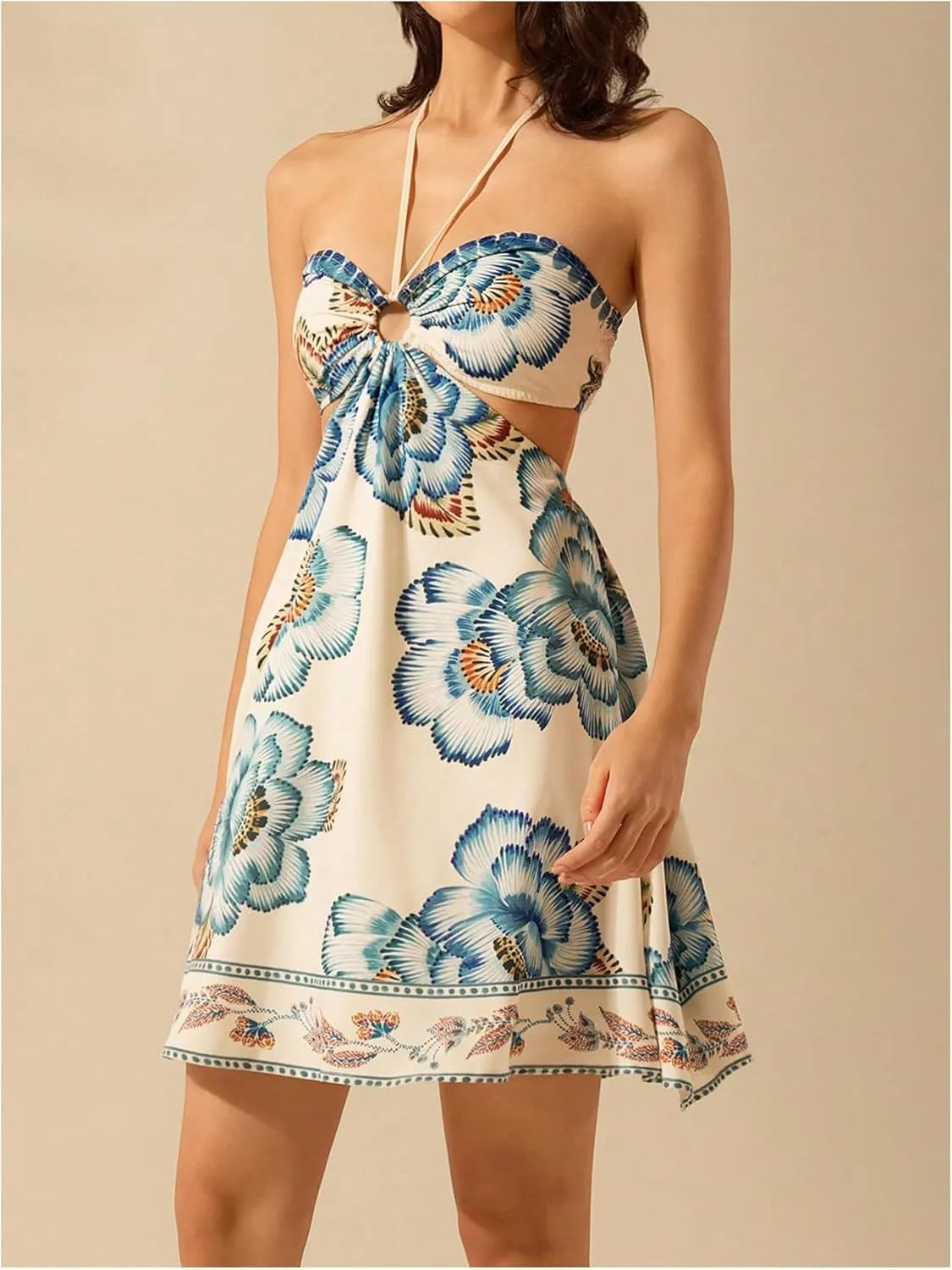 MakeMeChic Women's Tropical Print Mini Dress Sundress Halter Tie Backless Cut Out Shirred Summer Dresses