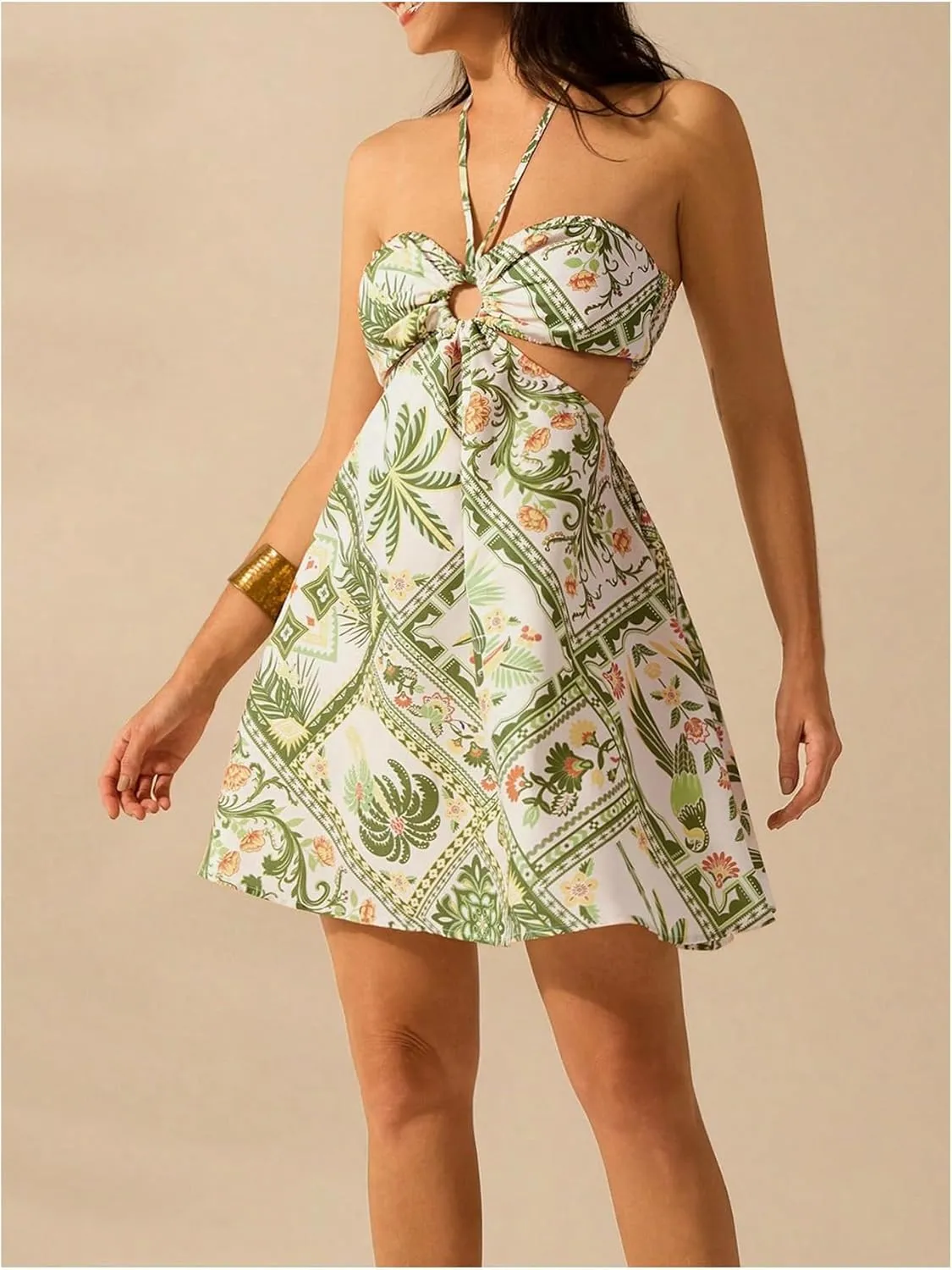 MakeMeChic Women's Tropical Print Mini Dress Sundress Halter Tie Backless Cut Out Shirred Summer Dresses