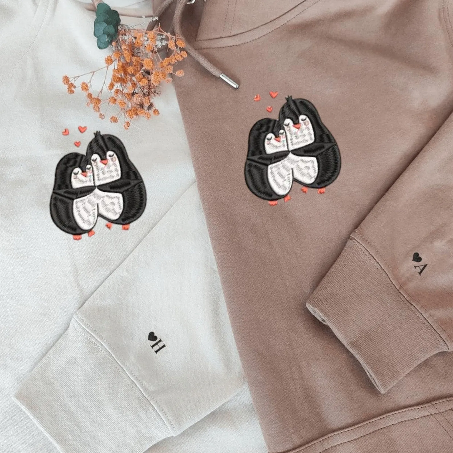 Matching Couple Hoodies - Cute Penguins Couple Custom Embroidered Sweatshirts For Couples