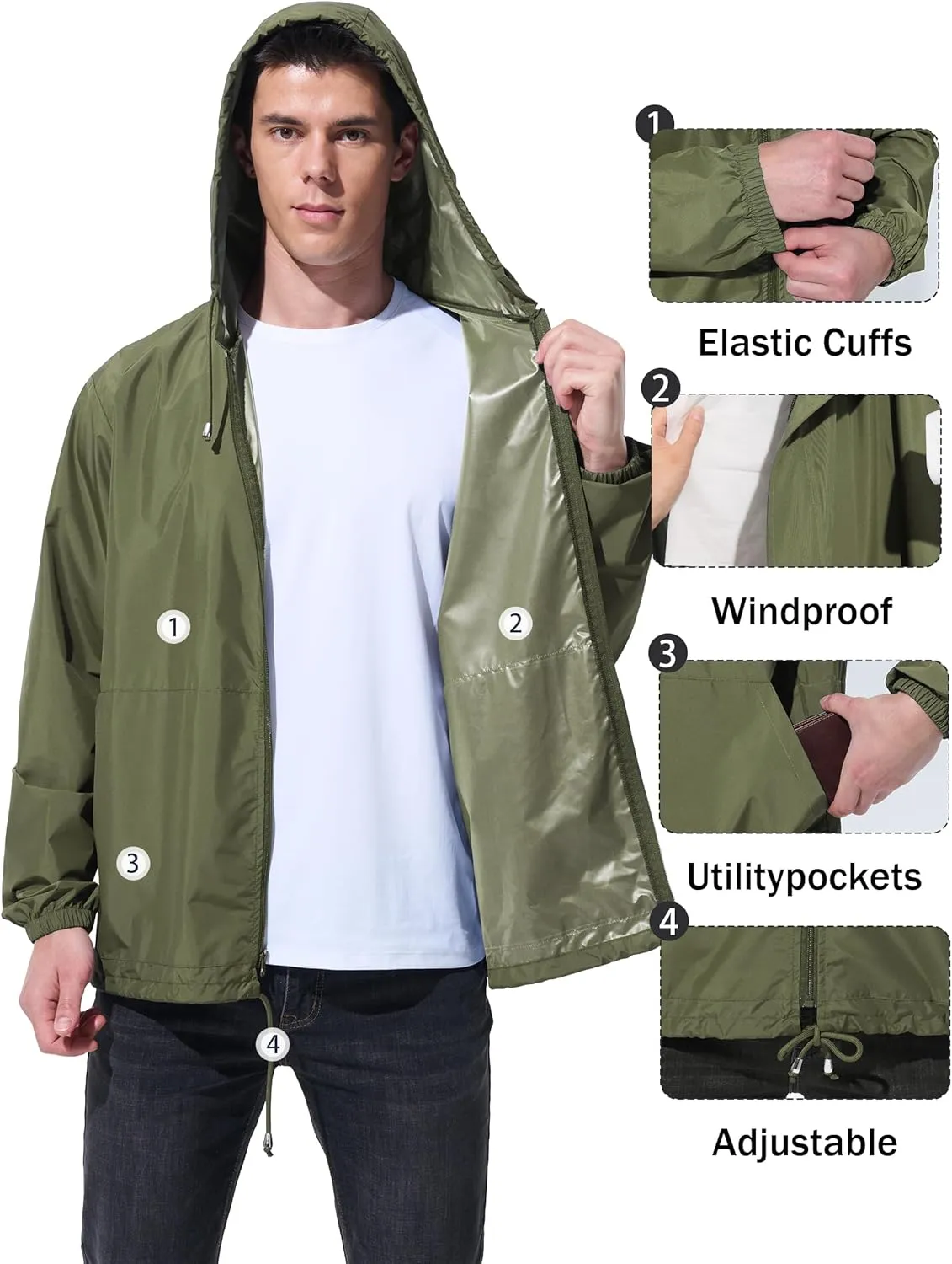 Mens Rain Jacket Raincoat Windbreaker Running Waterproof Lightweight Packable with Hood Travel Hiking Cycling