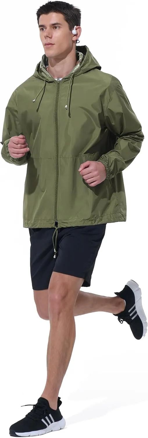 Mens Rain Jacket Raincoat Windbreaker Running Waterproof Lightweight Packable with Hood Travel Hiking Cycling