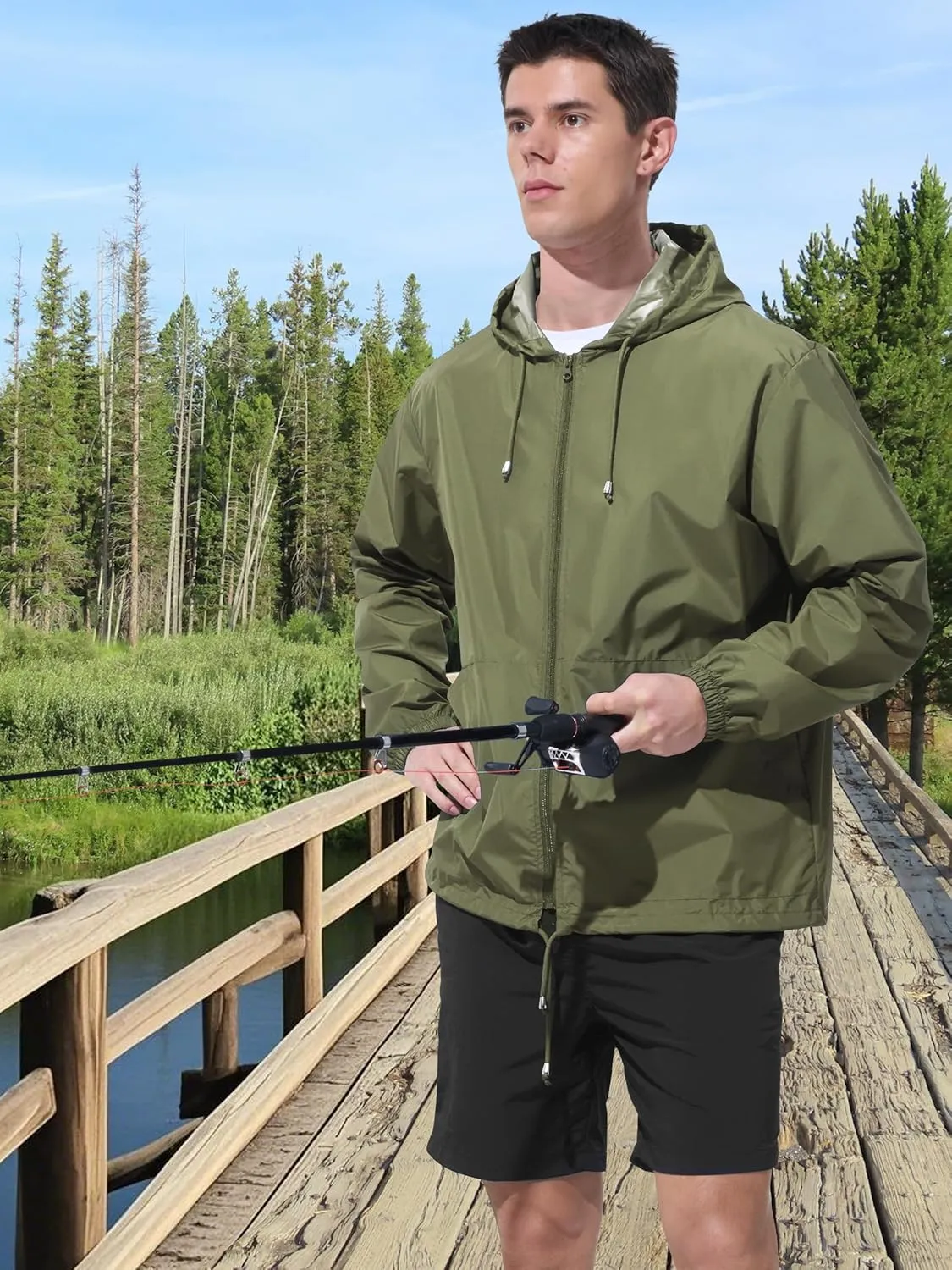Mens Rain Jacket Raincoat Windbreaker Running Waterproof Lightweight Packable with Hood Travel Hiking Cycling