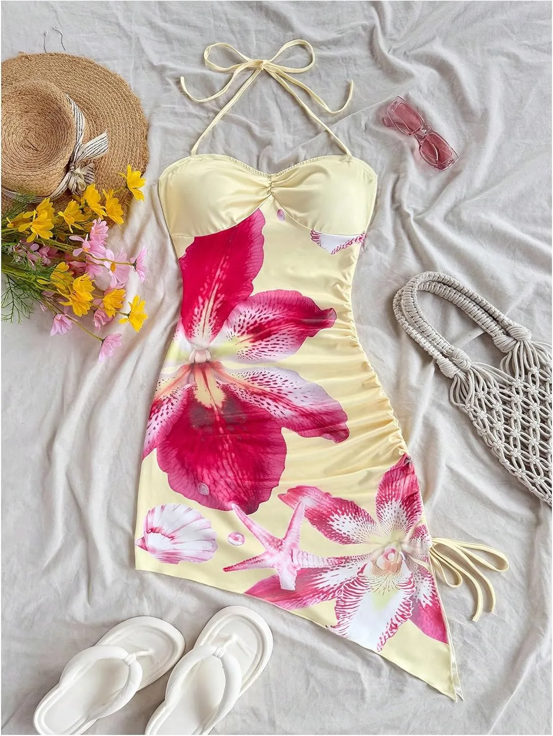 Milumia Women's Floral Tie Backless Halter Mini Dress Boho Drawstring Asymmetrical Hem Dresses