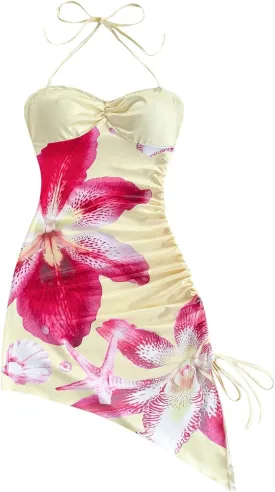Milumia Women's Floral Tie Backless Halter Mini Dress Boho Drawstring Asymmetrical Hem Dresses