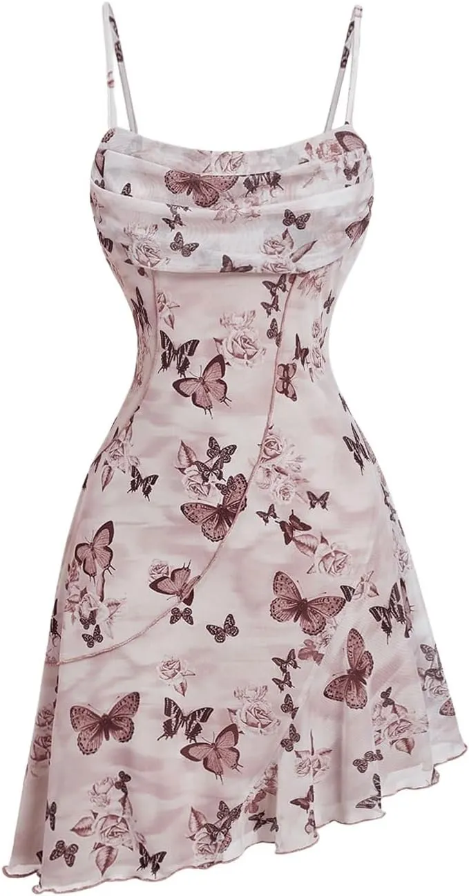 Milumia Women's Ruched Floral Spaghetti Straps Cami Dress Vintage Short Summer Dresses