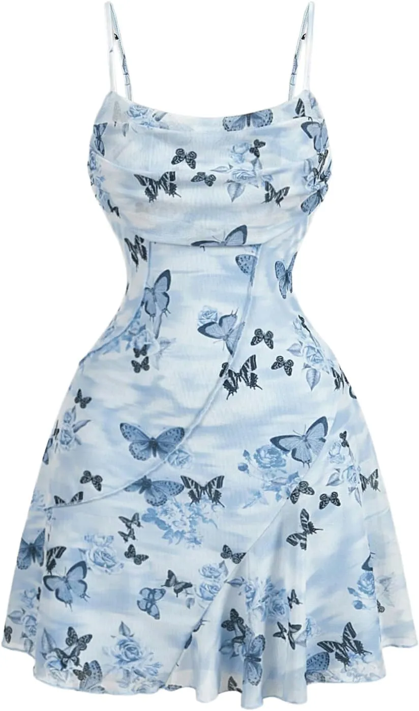 Milumia Women's Ruched Floral Spaghetti Straps Cami Dress Vintage Short Summer Dresses