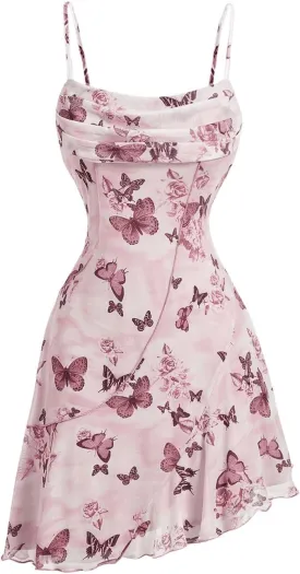 Milumia Women's Ruched Floral Spaghetti Straps Cami Dress Vintage Short Summer Dresses