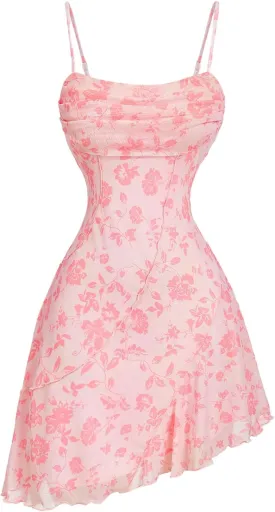 Milumia Women's Ruched Floral Spaghetti Straps Cami Dress Vintage Short Summer Dresses