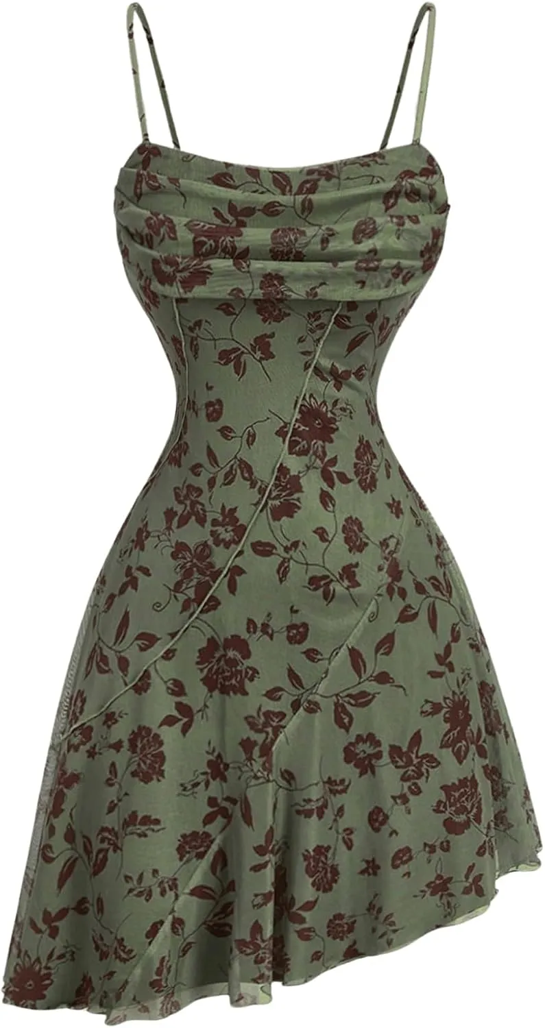 Milumia Women's Ruched Floral Spaghetti Straps Cami Dress Vintage Short Summer Dresses