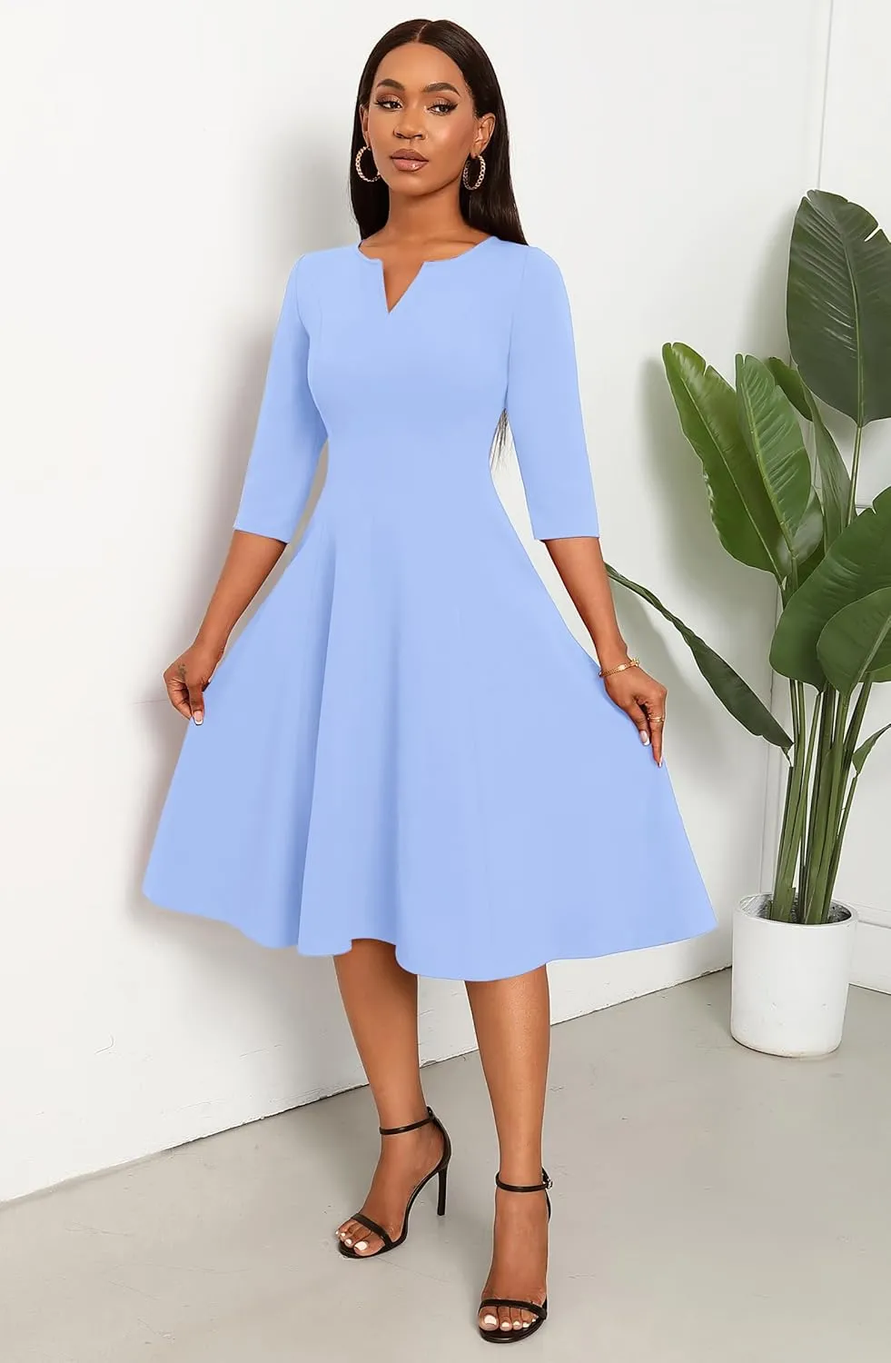 Nmoder Midi Dresses for Women A-Line Fit and Flare Dress 3/4 Sleeve V Neck Cocktail Wedding Guest Work Dress with Pockets