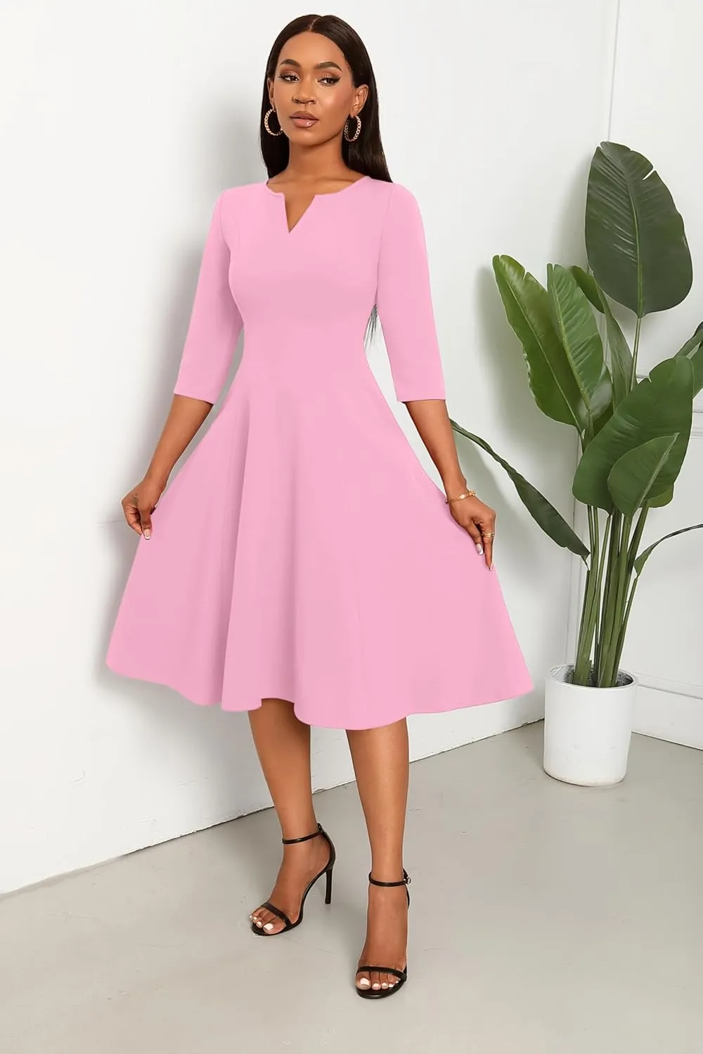 Nmoder Midi Dresses for Women A-Line Fit and Flare Dress 3/4 Sleeve V Neck Cocktail Wedding Guest Work Dress with Pockets