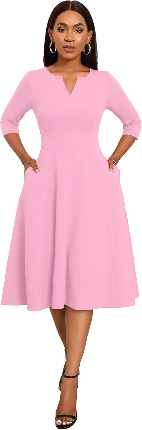 Nmoder Midi Dresses for Women A-Line Fit and Flare Dress 3/4 Sleeve V Neck Cocktail Wedding Guest Work Dress with Pockets